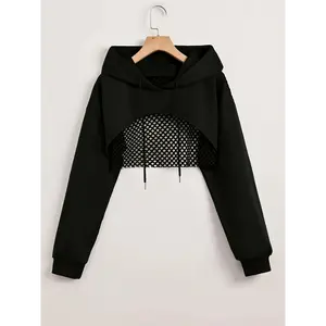 Solid Color Basic American-Style Mesh Hooded Sweatshirt for Women, Trendy And Stylish Top for Sweet And Spicy, New for Spring, Summer, And Autumn 2024, Casual Streetwear Jacket. Sleeve White