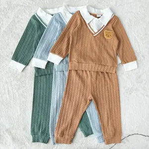 Ready Stock 6m-3y Baby Boys Adorable Cable-Knit Clothes Patchwork Sweater & Matching Pants Set with Teddy Bear Decor 12505101