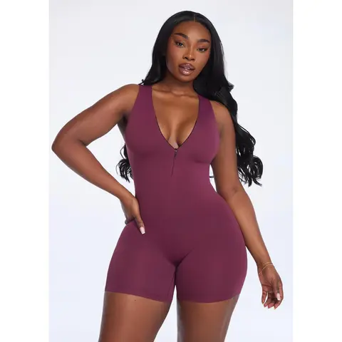 She's Waisted Women's Sleeveless Bodycon Zip Overalls - Jumpsuits for Women, All Seasons, Snatched Knit Buttery Fabric, Gently Compressive Inner Layer, Fitted Stretch Jumpsuits & Rompers, Front Zipper, Indoors Use