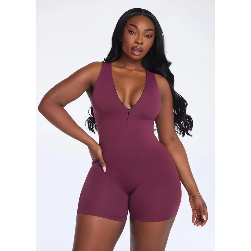 She's Waisted Women's Sleeveless Bodycon Zip Overalls - Jumpsuits for Women, All Seasons, Snatched Knit Buttery Fabric, Gently Compressive Inner Layer, Fitted Stretch Jumpsuits & Rompers, Front Zipper, Indoors Use