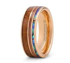 The Moana Rose Gold Tungsten Ring Hawaiian Koa Wood Abalone & Guitar String 8mm