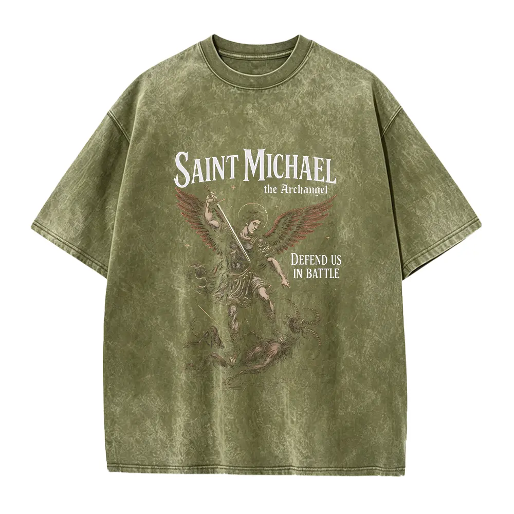 Women's Short-Sleeve Smooth Seamless St. Michael Archangel T-Shirt - Catholic Saint Quote, Defend Us in Battle Angel Prayer, Solid Graphics Top, Shortsleeve, Fabric