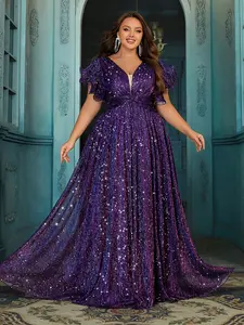 Women's Plus Size Purple Sequin Formal Evening Gown - Deep V-Neck, Ruffle Sleeve, Long Dress for Wedding Guest, Prom, Cocktail Party