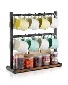 【Summervibes】VEVOR Coffee Mug Holder for Countertop,  16 Hooks Coffee Cup Holder with Storage Base, 2 Tier Mugs Tree Rack Carbon Steel & Wood Mug Display Stand, for Coffee Bar Home Storage and Display (Matte Black)