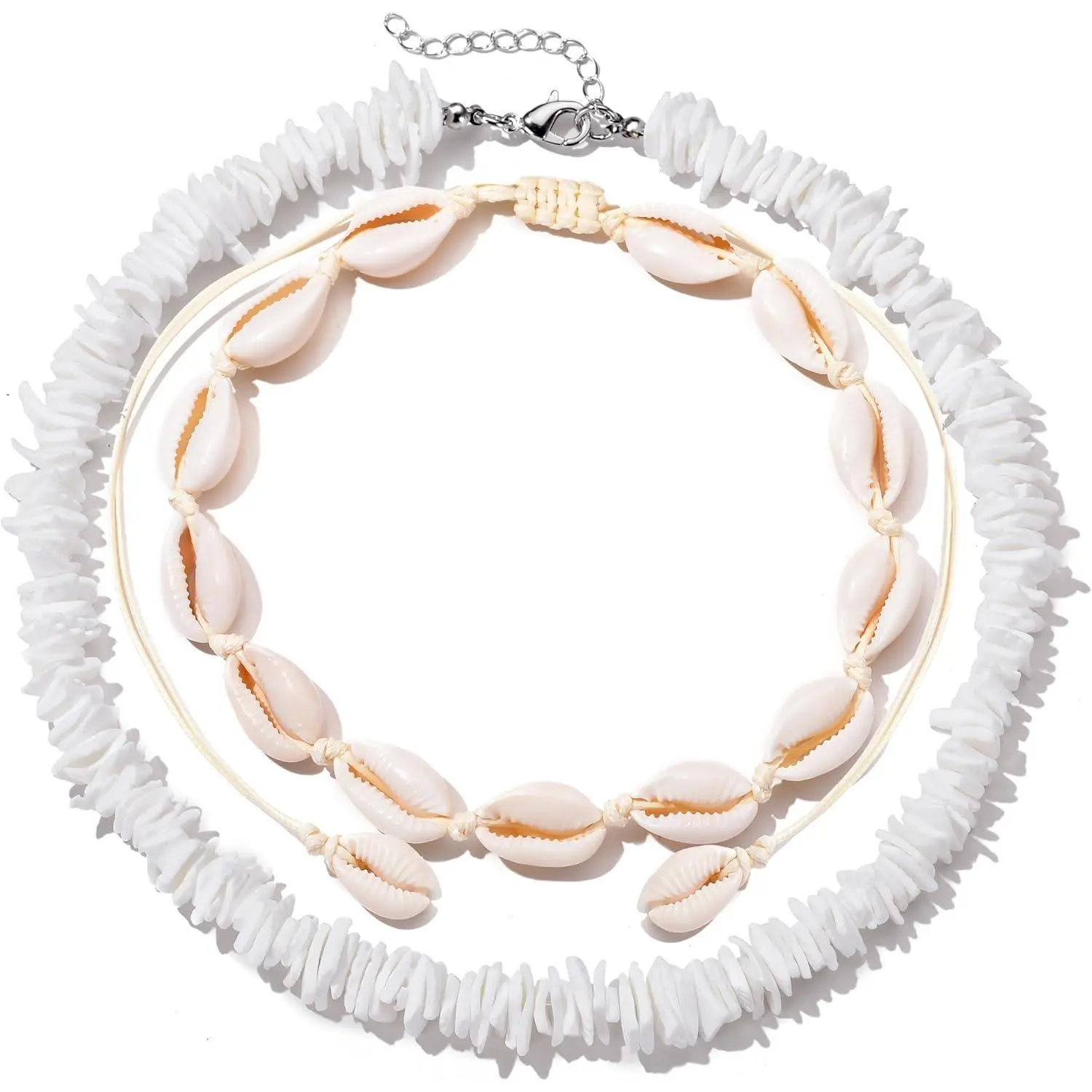 White Puka Shell Necklace Hawaiian Cowire Shell Necklace Sea Shell Pearl Beach Choker Necklace Handmade Adjustable Summer Clavicle Necklace Surfer Jewelry for Women Men