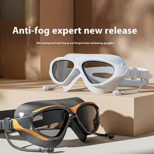 HD Waterproof Anti Fog Large Frame Swimming Goggles with Integrated Earplugs for Adults Men Women Swim Glasses Set Comfort Fit UV Protection Durable Gear