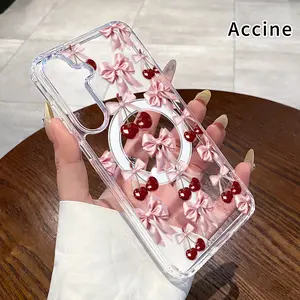 Magnetic Phone Case Compatible with Samsung Galaxy S23 Ultra S24 Plus FE S25 S22+ Cherry Bow Fashion Pattern Supports Wireless Charging Non-Yellowing Shockproof Soft Silicone Transparent Acrylic Large Hole Cover