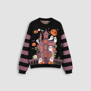 Cider [size 2-10] Knitted Round Neckline Halloween & Ghost Pumpkin Striped Sweater