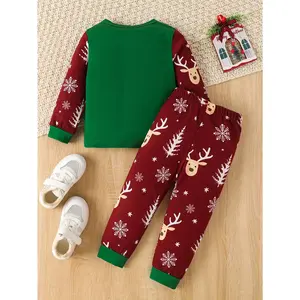Children's Autumn Winter Christmas Santa Print Crew Neck Set, Toddler Boys Long Pants Two-Piece Set, Perfect for Outdoor