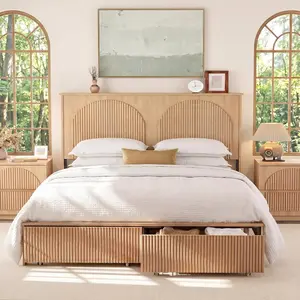 Yechen Bed Frame with 52.4" Tall Headboard, Fluted Bed Frame with 2 Storage Drawers, Modern Arched Reeded Wooden Platform Bed, No Box Spring Needed, Natural Oak, 2 Package (Queen, King)