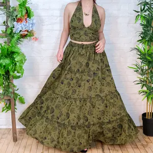 Flowy Tiered Cotton Skirt with Pockets, Boho Skirt set with Bralette, Mushroom Celestial  Outfit, Bohemian Hippie Style, Summer Outfit