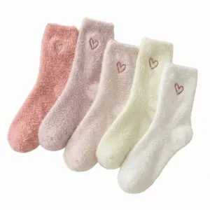 Women’s Lovely Heart-Shaped Smooth Fluffy Thermal Mid-Calf Socks, Cozy Multi-Pack Basic Socks For Daily Wear, Vibrant 5-Pack Fuzzy Socks cashmeresocks
