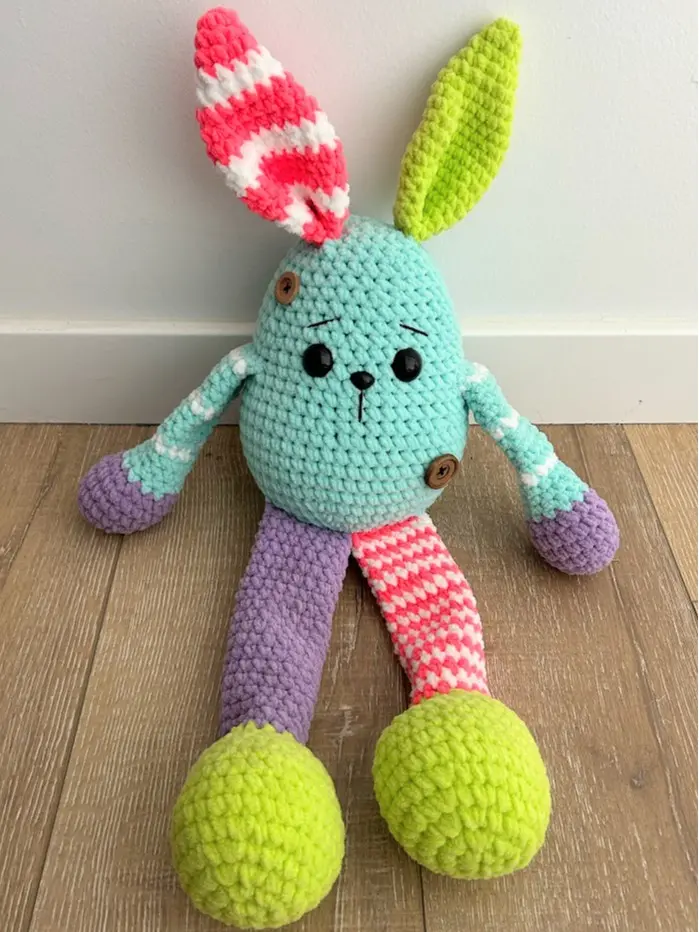 Neon Crocheted Floppy Bunny Plushie - Chenille Yarn Craft Stuffy with Animal Motif, Ideal for Bedroom Bedside Decor