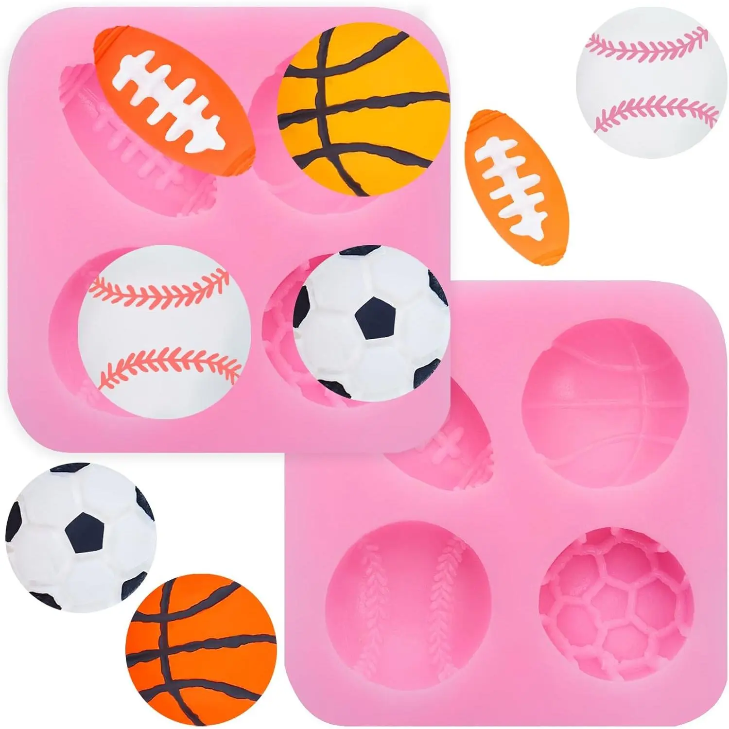 2 Packs 4-cavity Sports Ball Cake Decoration Silicone Molds, Football Basketball Baseball Soccer Fondant Mold for DIY Chocolate, Cake, Cupcake Topper Decoration, Epoxy Resin Casting
