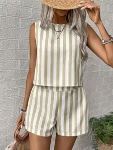 Women's Vacation Striped Two-Piece Set, Top, Linen-Like Fabric, Loose Fit, Summer, Casual & Elegant, Perfect for Travel & Daily Wear