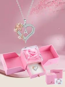 Rose Jewelry Gift Box With Rose Heart Initial Necklace for Women, Letter Alphabet Heart Necklace, Anniversary Birthday Jewelry Gifts for Wife Mom Girlfriend, Heart Design Necklace