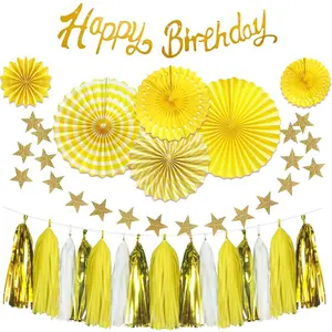 Yellow Birthday Decorations for Women-33 Pcs Yellow Party Decor For Girls With Banner and Hanging Paper Fans - Ideal for Baby Shower, Honeybee, Sunflower Theme Birthday Party Decoration Supplies