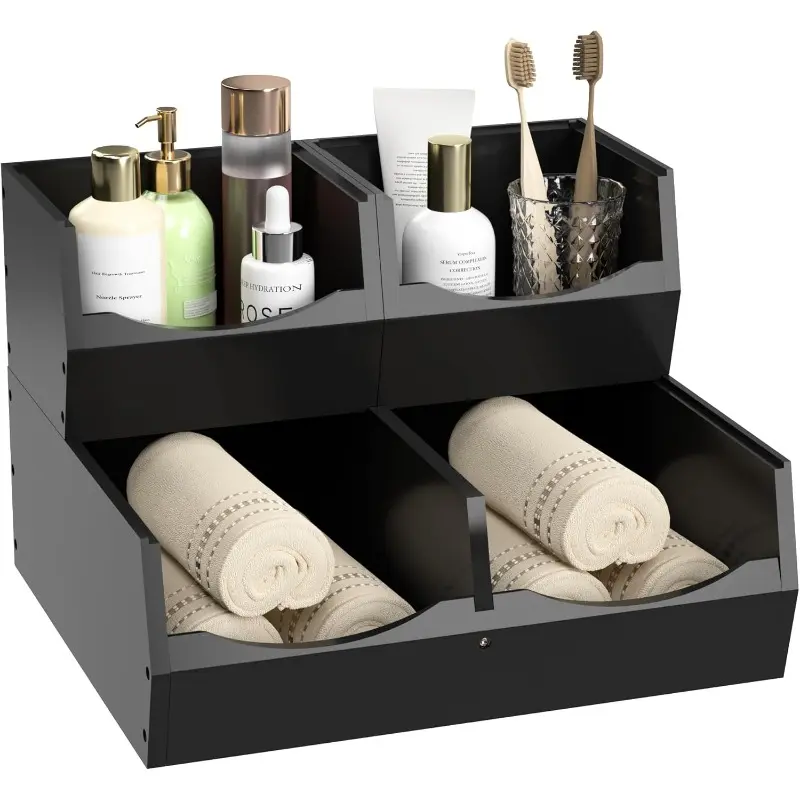 3 Set Bamboo Pantry Organizers and Storage Open Front Vegetable Fruit Seasonings Stackable Storage Bins Rustic Stacking Storage Bins for Pantry Office Bedroom Kitchen Counter Organizer Black