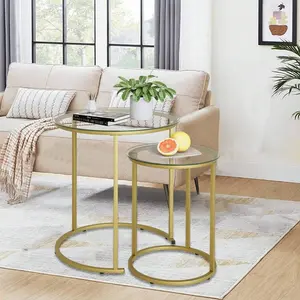Nesting Coffee Table Set Of 2,Modern Gold Tempered Glass Side Table, Metal Frame Round End Table.Small Glass Tea Table For Living Room,Bedroom Studio Apartment Essentials,23.2in