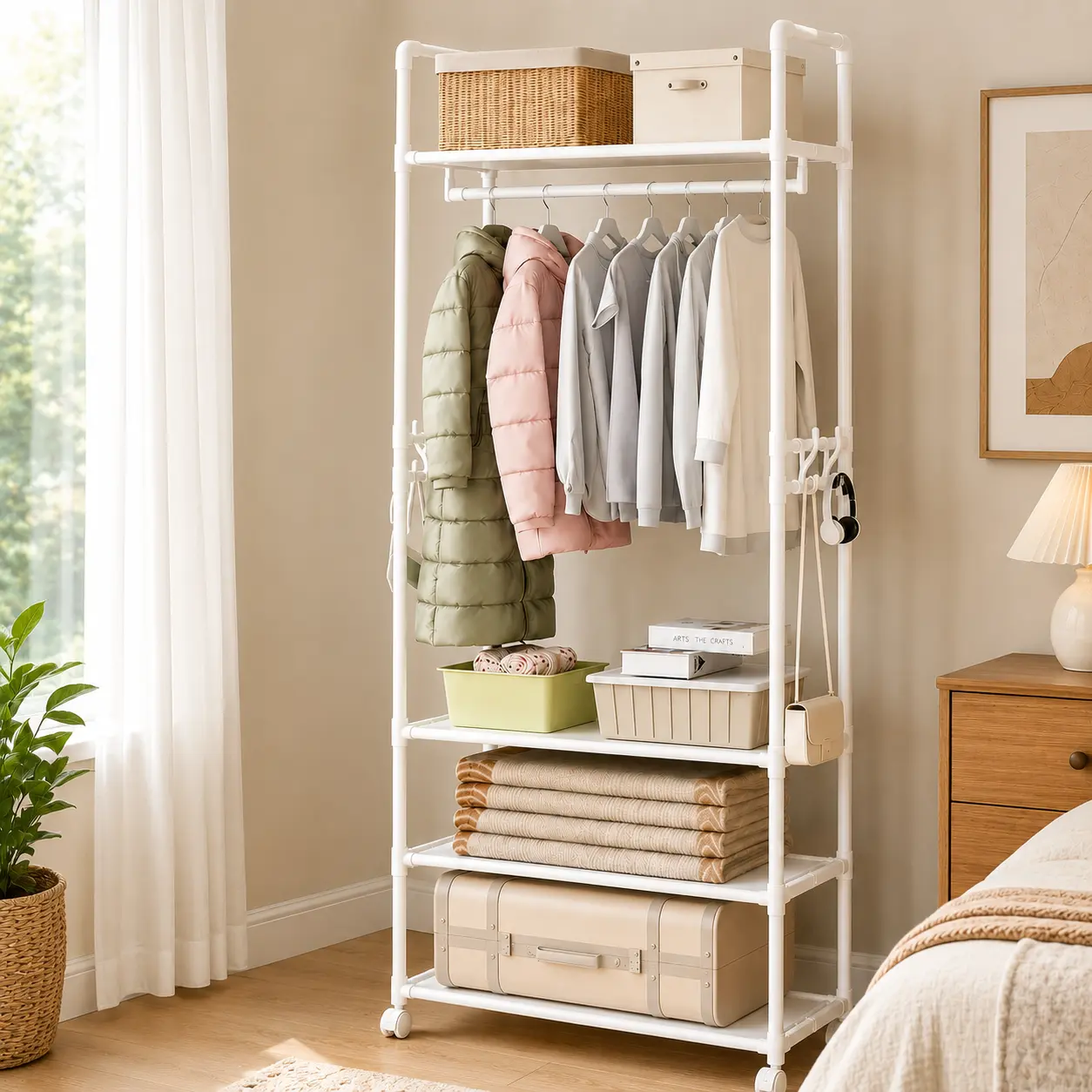 3-Tier Black Garment Rack with Shoe Storage, Rolling Clothes Rack with Side Hooks and Shelves for Bedroom, Closet and Laundry Room