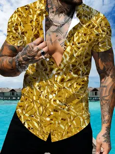 Golden Print Short Sleeve Collared Shirt for Men, Summer Beach Vacation Tropical Casual Shirt, Trendy Thin Breathable Top