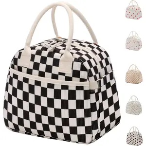 Insulated Reusable Lunch Box for Women, Cute Corduroy Lunch Bag for Work, Black White Checkered