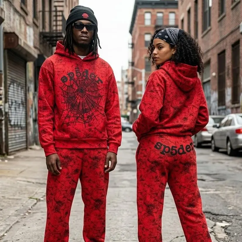 Spider OG Web V2  Tree Camo Red Hoodie Set – Y2K Hoodie & Sweatpants Tracksuit, Pullover Sweatshirt for Women & Men, Matching Couples Streetwear Outfit, Camo Casual Loungewear, Fall Winter Fashion Gift