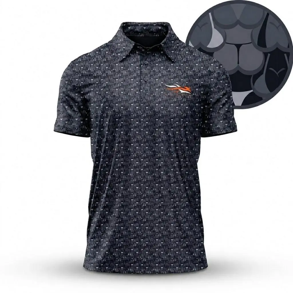 Men Casual Golf Polo Shirt in Charcoal Black Geometric Modern Pattern - Made in USA