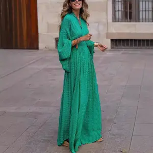 2025 New European and American Autumn Style Long Sleeve Loose V-neck Waist-cinching Flared Dress for Women