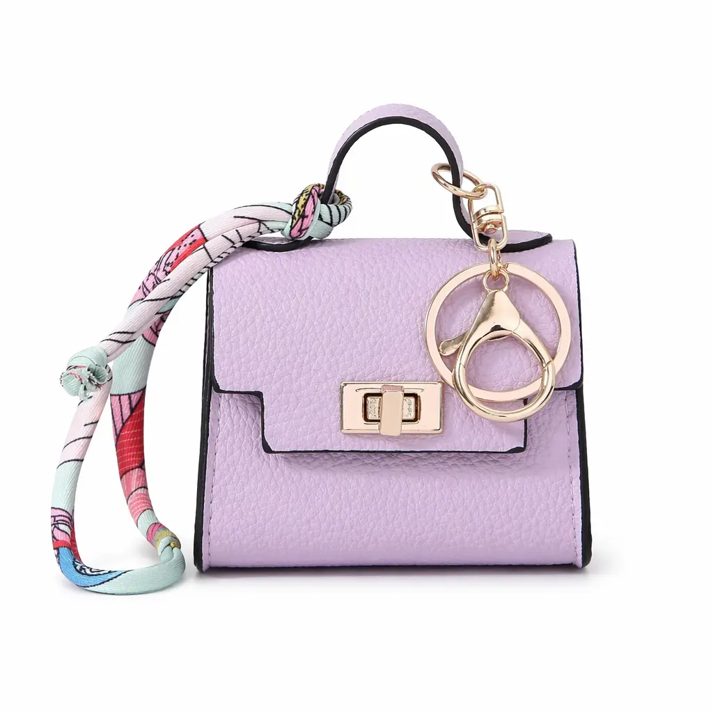 Women's Cute Purple Leather Mini Bag Keychain - Colorful Scarf Strap Charm, Trendy Aesthetic Fashion Accessory, Key