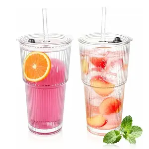 2set  Glass Water Cups with Lids, 20oz Transparent Glasses with Straws and Brushes, Dishwasher Safe, Ideal for Coffee, Juice, Tea, Matcha