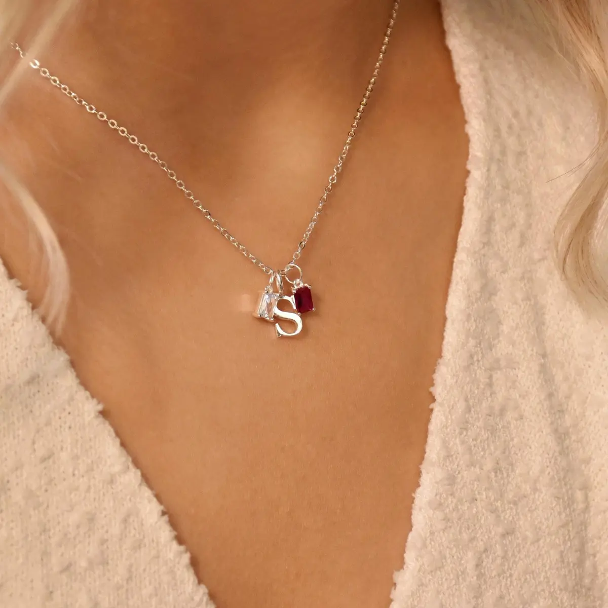 Initial Birthstone Mom Necklace, Letter And Gemstone Necklace, 925 Sterling Silver Birthstone Initial Necklace, Christmas Gift, Gift For Her