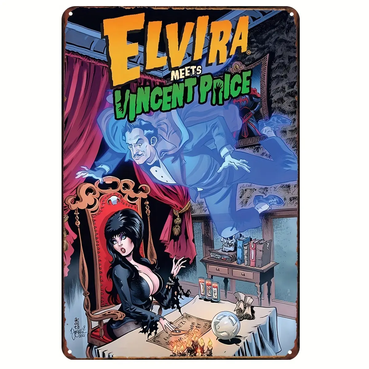 Elvira Meets Vincent Price 8x12 in Vintage Iron Metal Sign Wall Decor - 1pc Mixed Color Plaque, Weatherproof Retro Home/Bar Decor (Home Supplies, Posters & Prints)