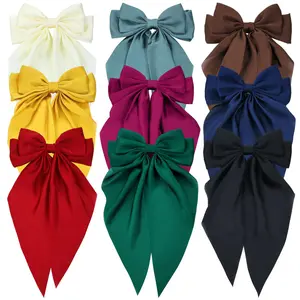 9 Pack Oversized Satin Hair Bows Hair Accessories Bowknot with Long Tail Ribbon Giant Hair Bow Clips French Barrettes for Women Girls