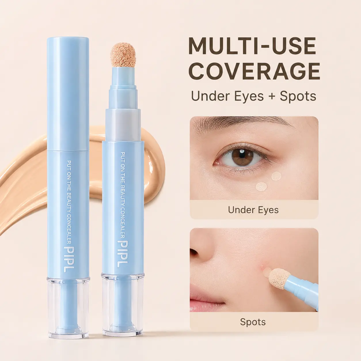 PIPL Flawless Beauty Concealer Pen, Buildable Hydrating Coverage with Sponge Applicator, Long-Lasting, Crease-Proof, Non-Cakey for Dark Circles, Acne Marks, and Pores