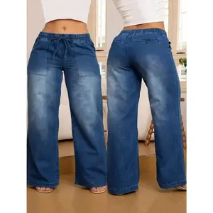 Plus Size Women's Elastic Waist Drawstring Straight Leg Jeans