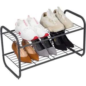 2tier metal shoe rack free standing shoe storage organizer wire grid shoe tower for closet bedroom entryway gunmetal