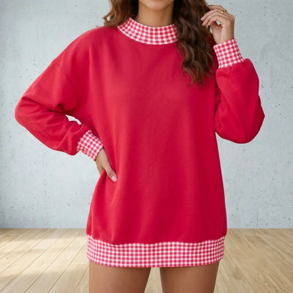 PHEFEE Oversized Sweatshirt for Women, Fiery Red Long Sleeve Crewneck Pullover Dress with Gingham Patchwork Trim, Relaxed Fit Casual Top, Perfect for Fall Cotton Fabric