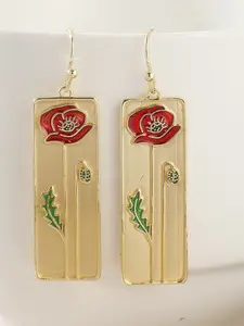 New Enamel Rose Flower Pendant Earrings, Rectangle Medal Design with Drip Art Painting, Casual Copper Earrings for All Seasons