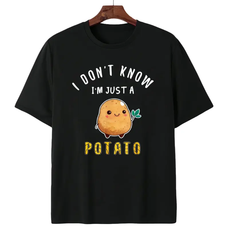 Unisex Casual Graphic Tee – Cute Cartoon Potato with 'I’m Just a Potato' Letter Print, Short Sleeve Funny Everyday Shirt Cotton Fashion