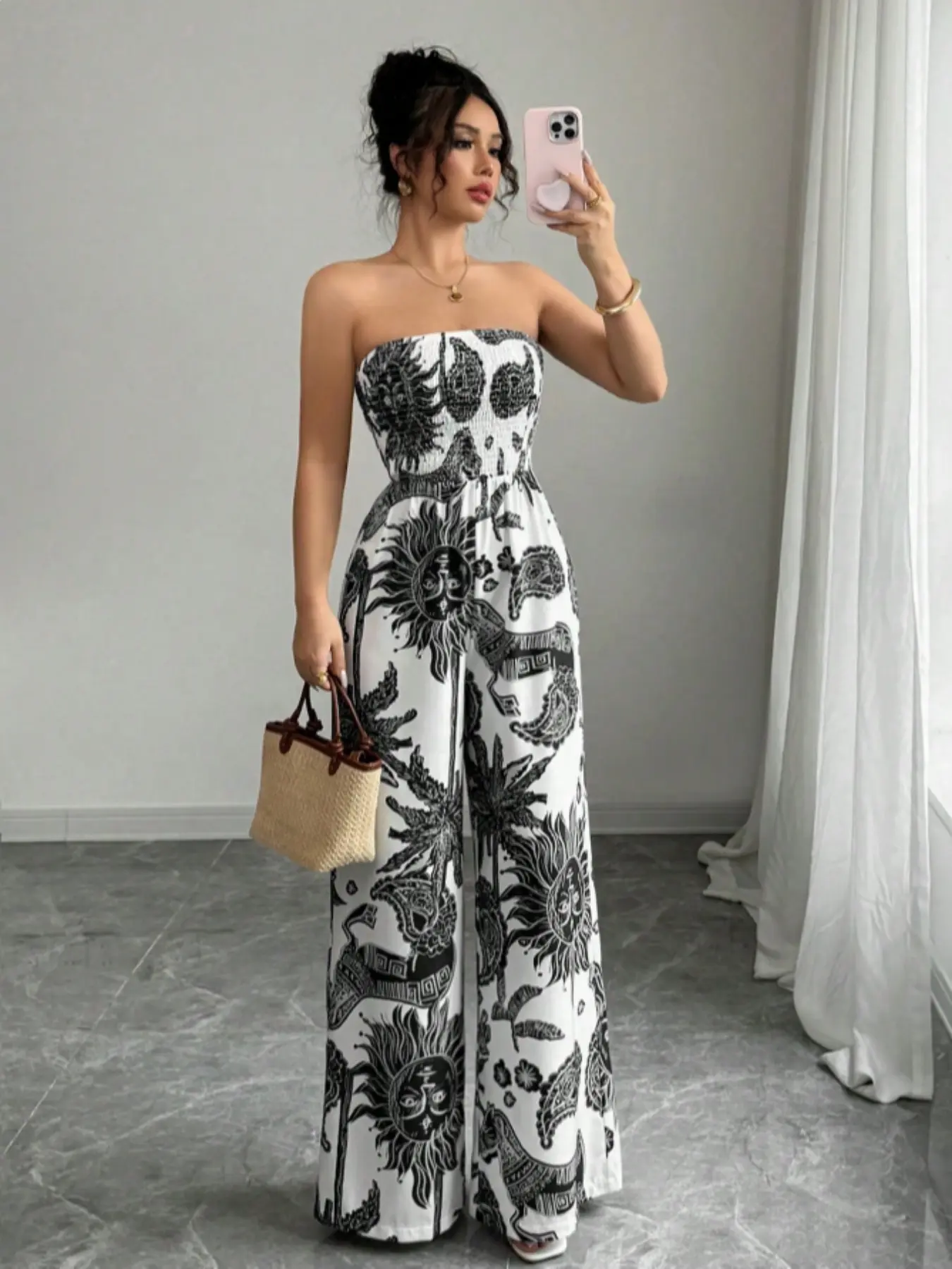 Boho Style Bohemian Halter Sleeveless Print Woven Jumpsuit, Fitted Casual Romper, All Seasons Wear, Women's Fashion Clothing, Comfortable and Stylish, Jumpsuits Rompers