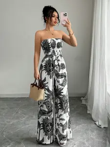 Women's Woven Fabric Print Casual Fitted Jumpsuit, All-Seasons Wearable One-Piece, Comfortable & Stylish Design for Daily Use