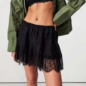 Chicovar Women's Lace Mini Skirts Casual Stretchy Waist Solid Color Loose Fit Pleated Skirts Summer A-line Skirts Perfect for Fall Layering, Holidays, Vintage look, NO Shorts