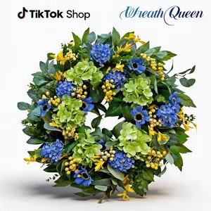 Spring Wreaths for Front Door 24" Spring Wreath with Lifelike Blue Hydrangea Gerbera and Daisy, Wreath Decor for Indoor or Outdoor Spring and Summer Wreaths for Front Door Outside,front door wreath