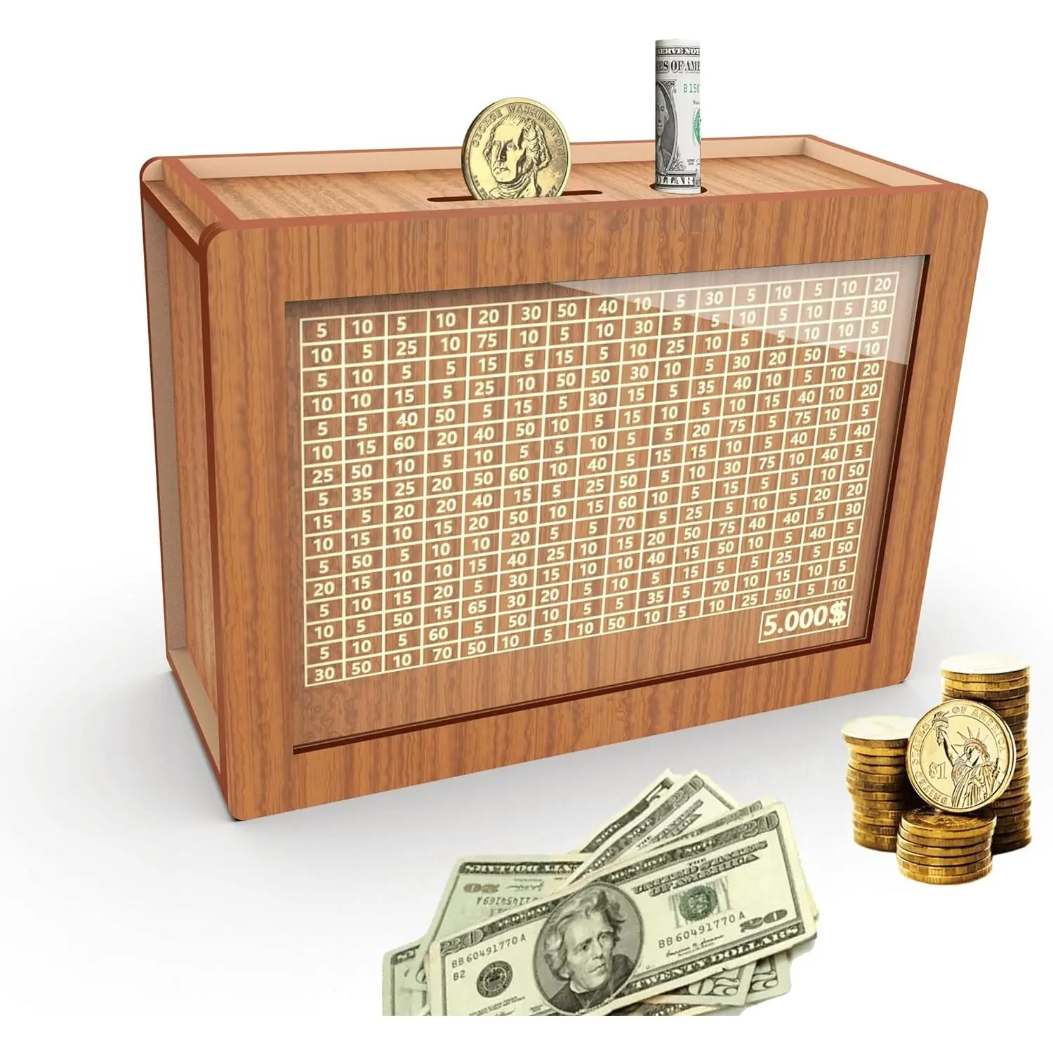 Piggy Bank for Adults Kids, Wooden Coin Bank for Boys and Girls, Cash Vault Money Saving Box with Counter $5000 Savings Challenge Money Box with Money Target and Numbers (Brown $5000)