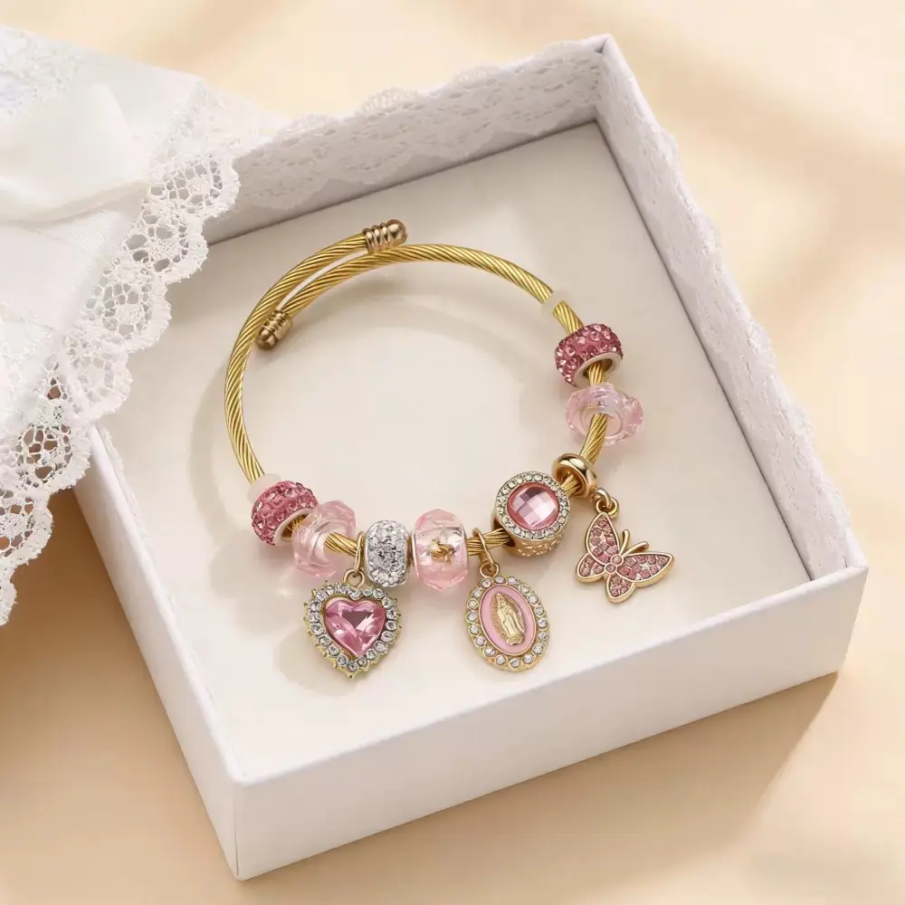 Women's Virgin Mary Tree of Life Pendant Bracelet - Rhinestone Beads, Stainless Steel Adjustable Bangle, Fashion Costume Jewelry Classic Set Sparkling Rose Pave