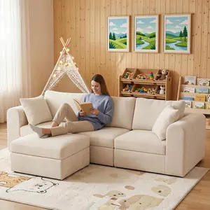 Aesthetic Living Room Furniture, Cloud-Like Comfy 4-Seat Sofa, Convertible Boneless L-Shaped Couch, Plush Corduroy Modular Sectional, Sofa in A Box, No Assembly Required