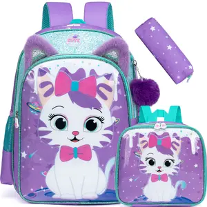 Back to School Gifts: Girls 3pcs Purple Cat Backpack Set | Starry School Bag, Lunch Bag & Pencil Case | Ergonomic Lightweight Bookbag for School Kids
