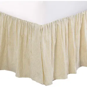 Tailored Bed Skirt Farmhouse Ticking Cream Golden & Yellow Caramel Cotton Striped Ruffled Dust Ruffle,  16" Drop