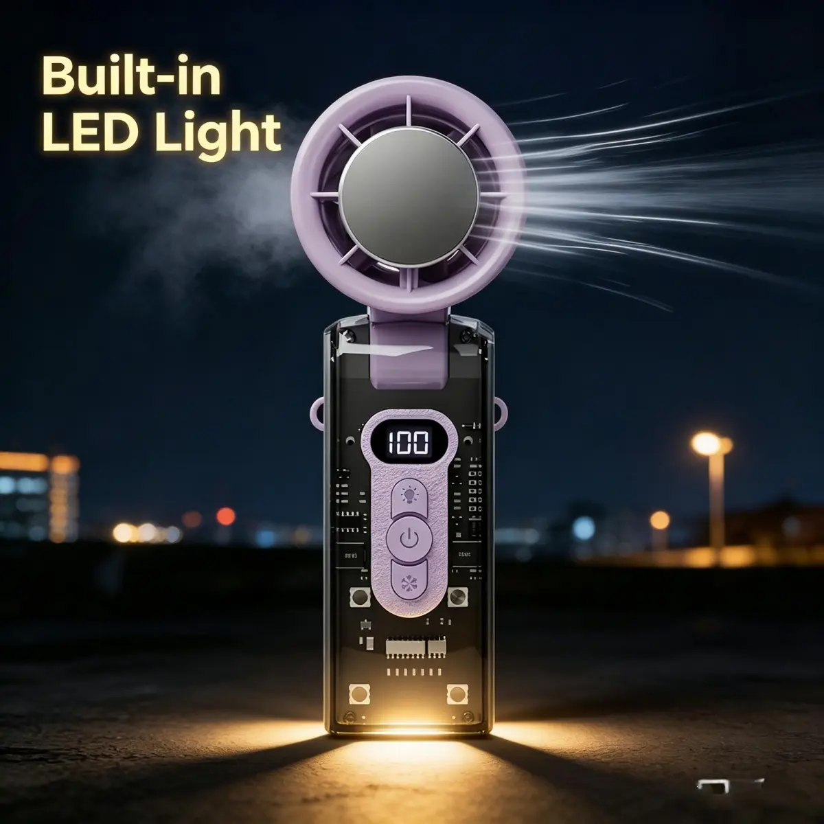Purple Rechargeable Handheld Mini Personal Fan - Collapsible Techwear-Style Transparent Body, Ice-Cooling Plate, 13000rpm Adjustable Speed, LED Display & Light, Lightweight Multifunctional for Outdoor Travel, Hiking, Mini Portable Fan